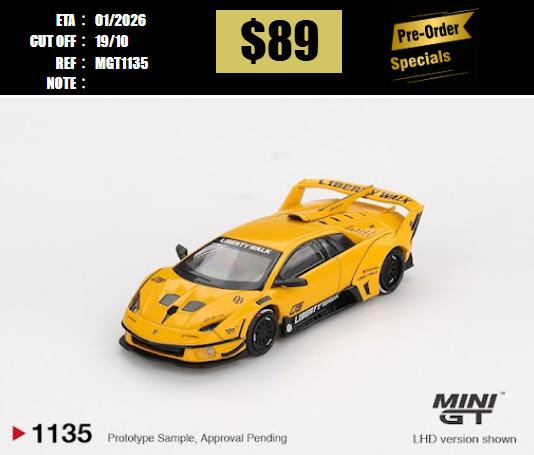 PO-$89 * MINI GT * 1:64 1135 LB-Silhouette WORKS MURCIELAGO GT Evo Yellow RHD [OD09/10]