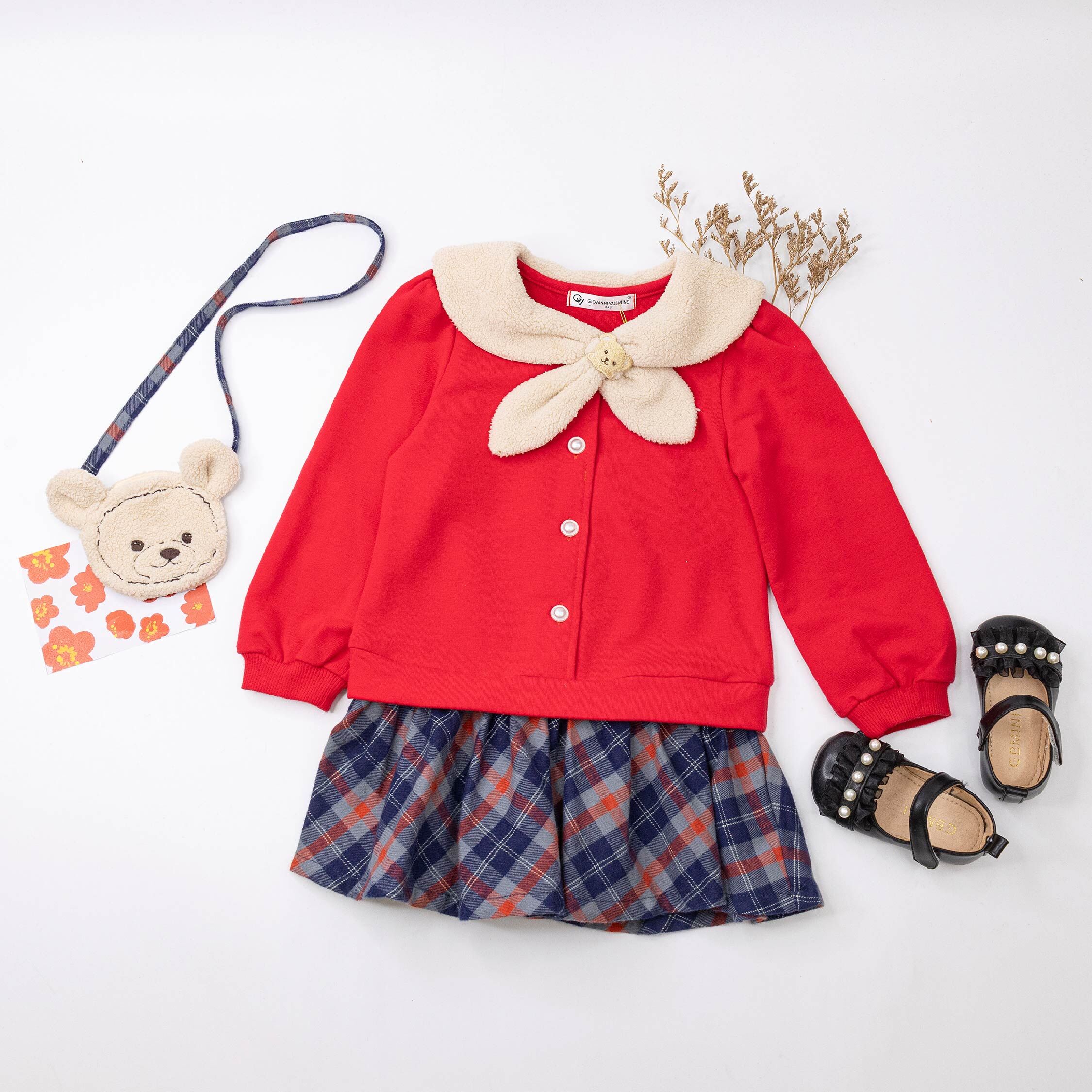 范侖鐵諾【52532】 質感格紋假兩件裝飾領巾洋裝(附小包)