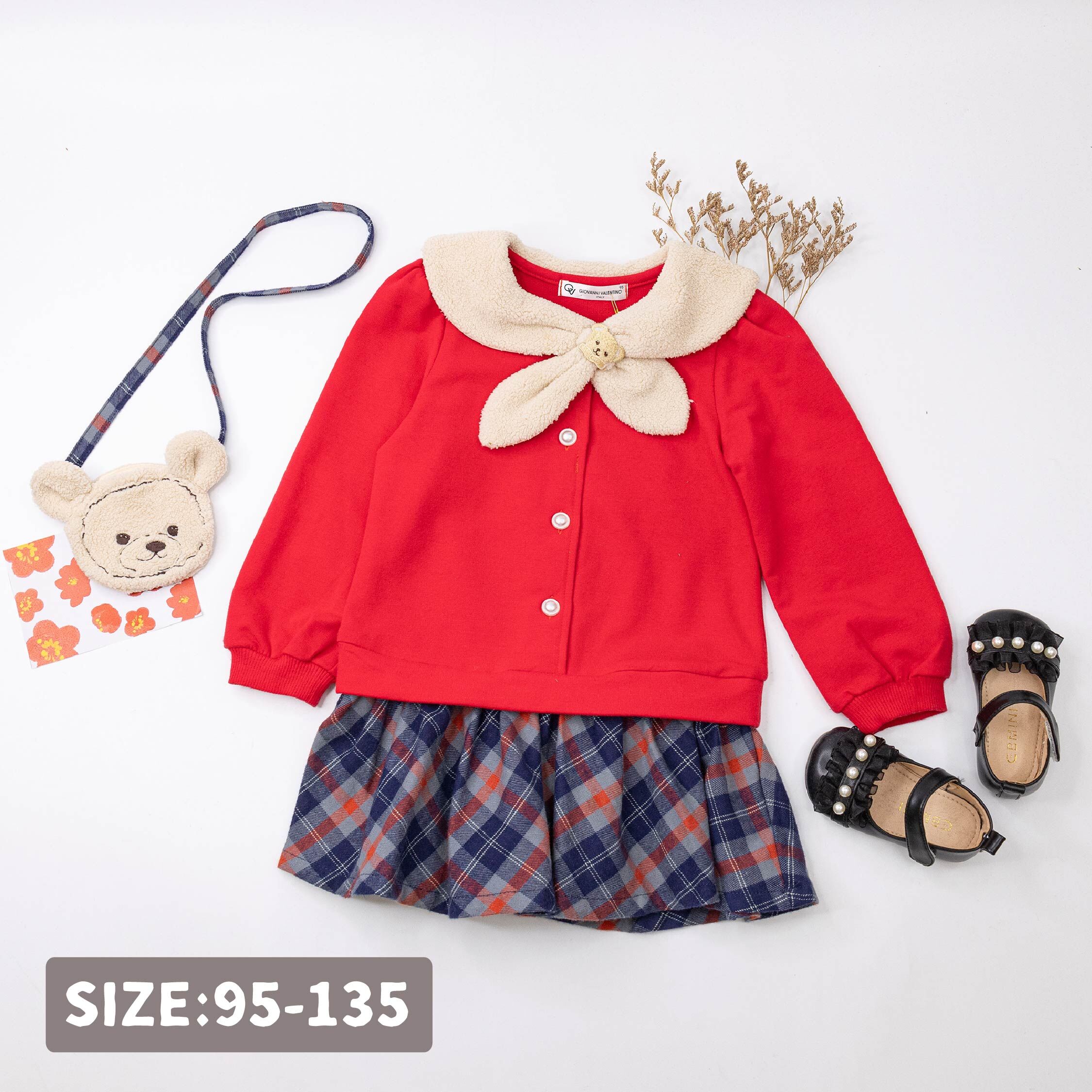 范侖鐵諾【52532】 質感格紋假兩件裝飾領巾洋裝(附小包)