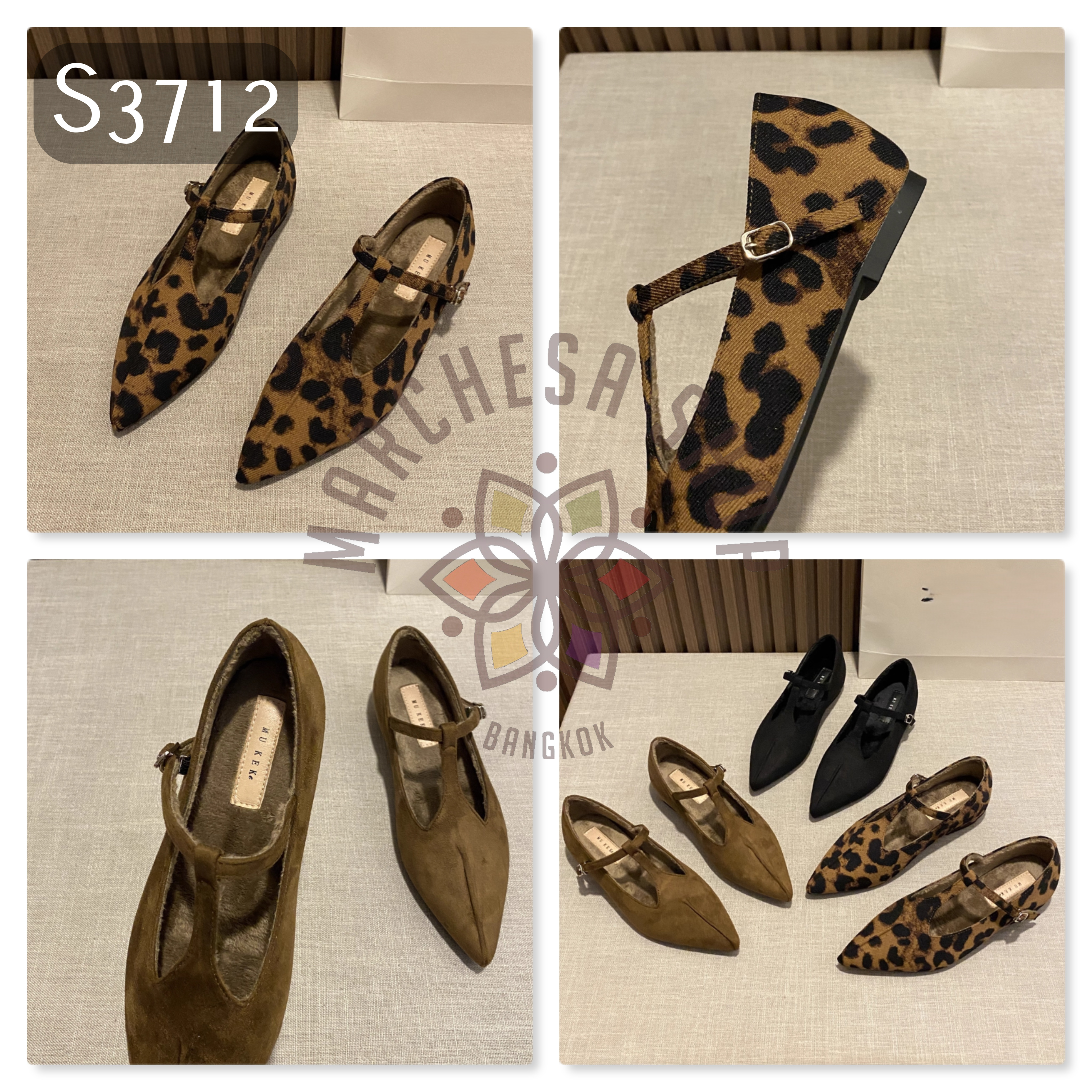 S3712 - 牛猄皮T搭帶鏤空尖頭加絨平底鞋