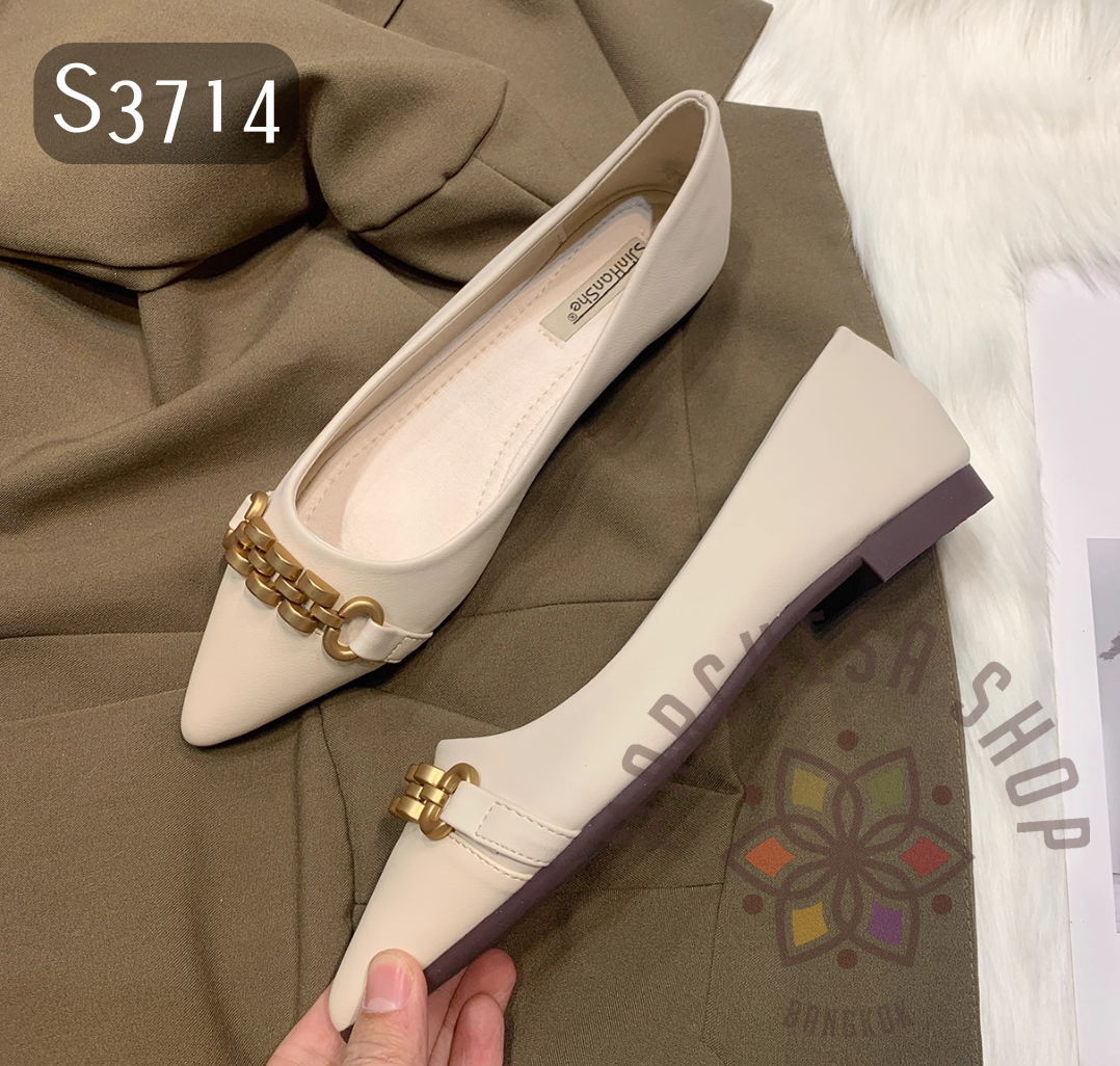 S3714 - 牛皮拼色金鏈尖頭平底鞋 (大小呎吋)
