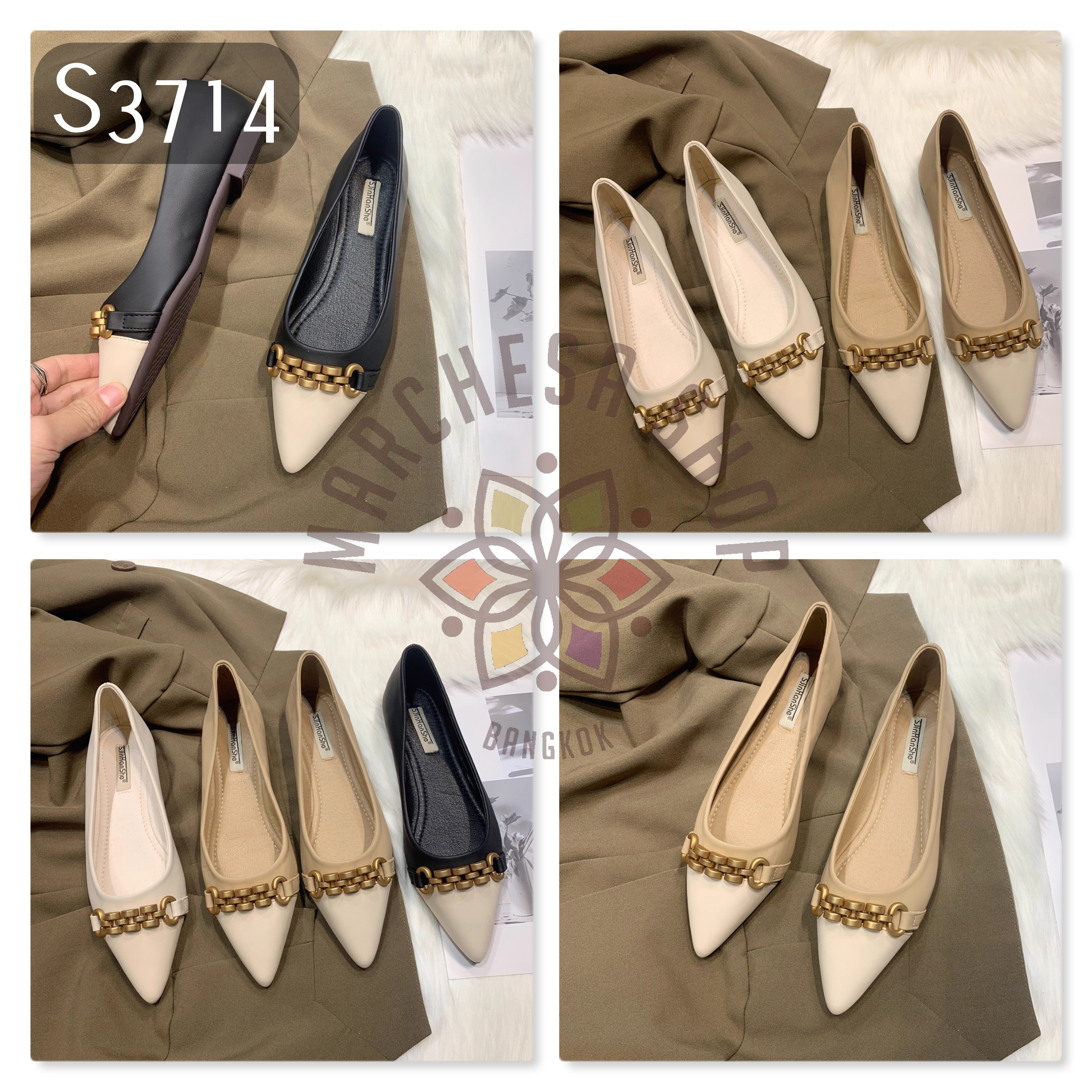 S3714 - 牛皮拼色金鏈尖頭平底鞋 (大小呎吋)