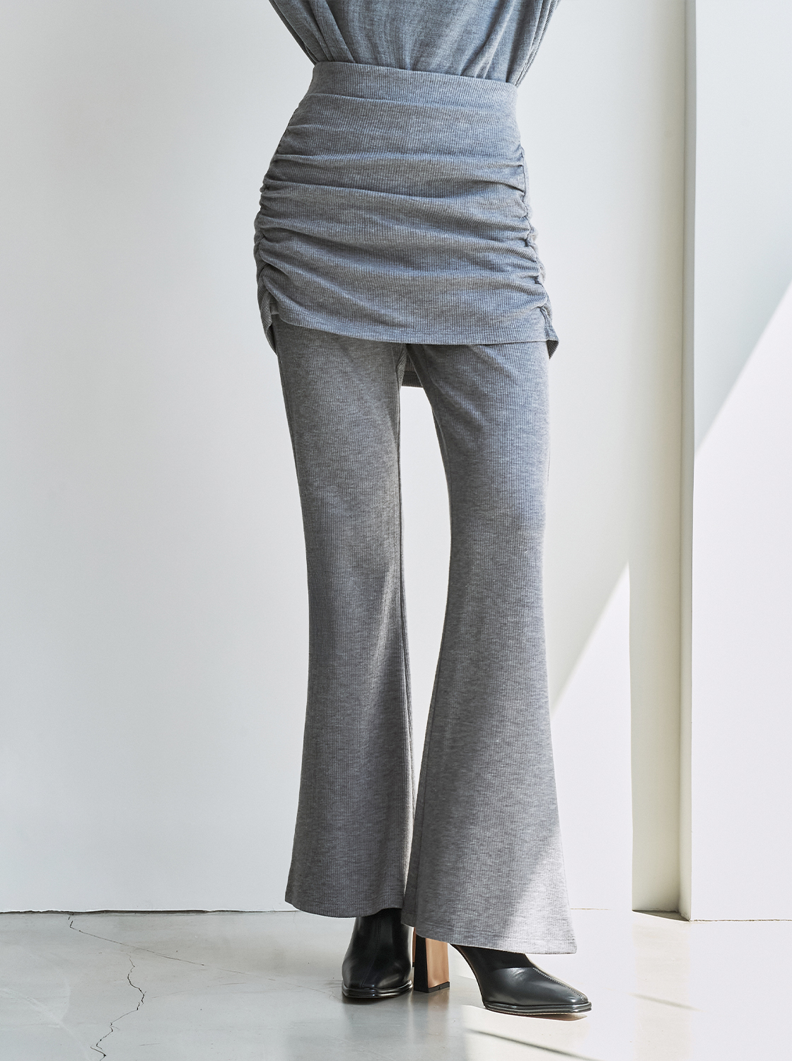 【期間限定】假兩件抽皺喇叭長褲