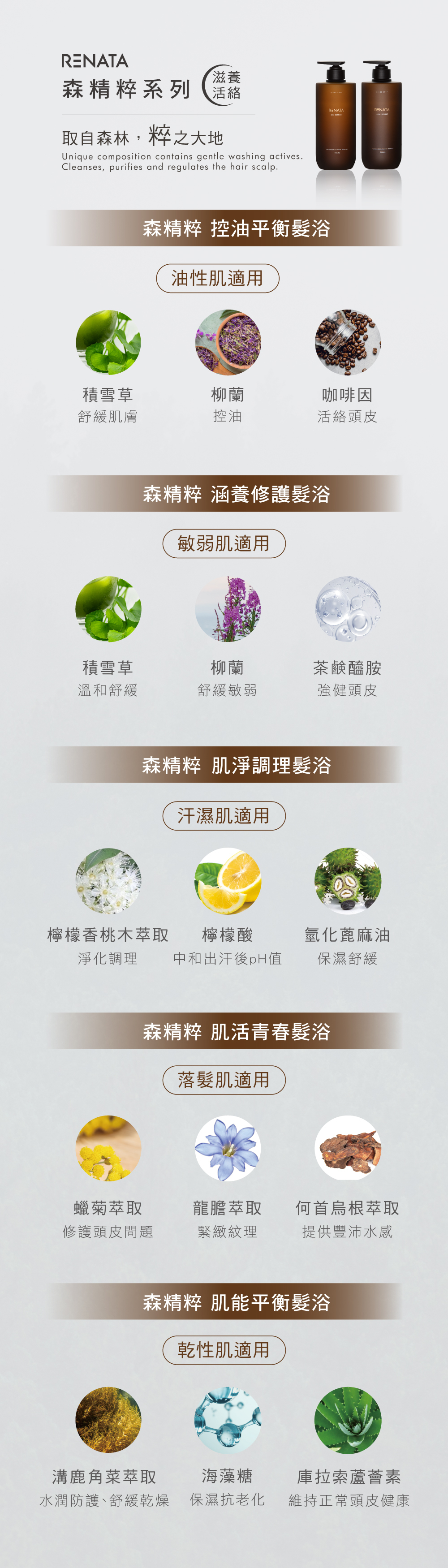 蕾娜塔,森精粹系列,頭皮護理,滋養活絡,油性,敏弱,汗濕,落髮,乾性,舒緩,日常保養,溫和,植物精華,植物萃取