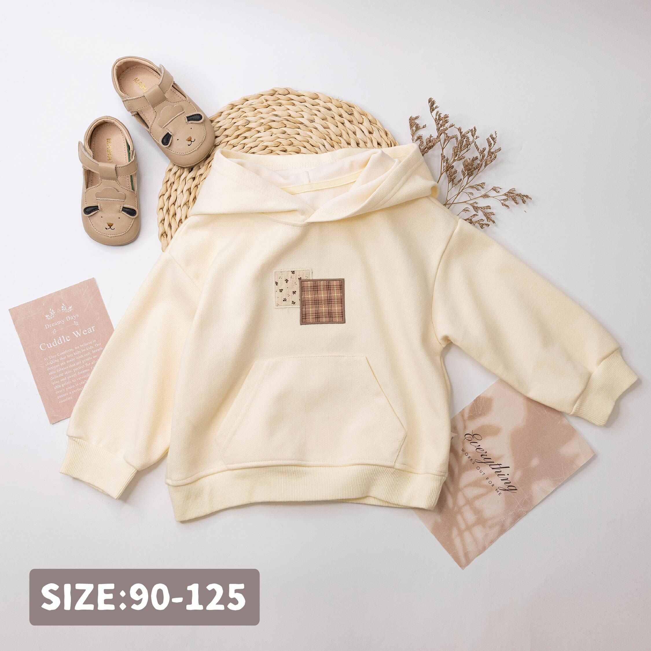 【H55211】碎花格紋矩形連帽上衣/帽T