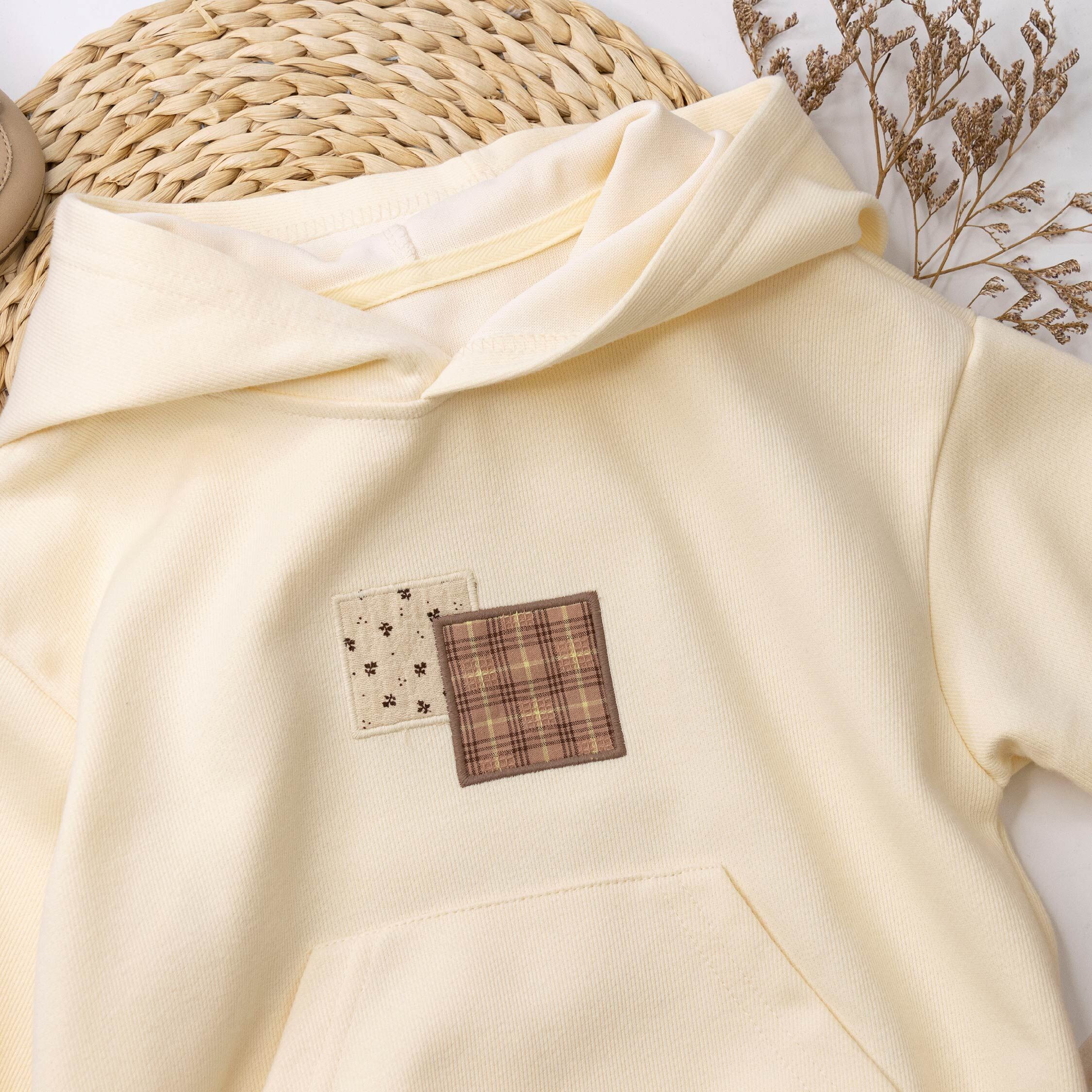 【H55211】碎花格紋矩形連帽上衣/帽T