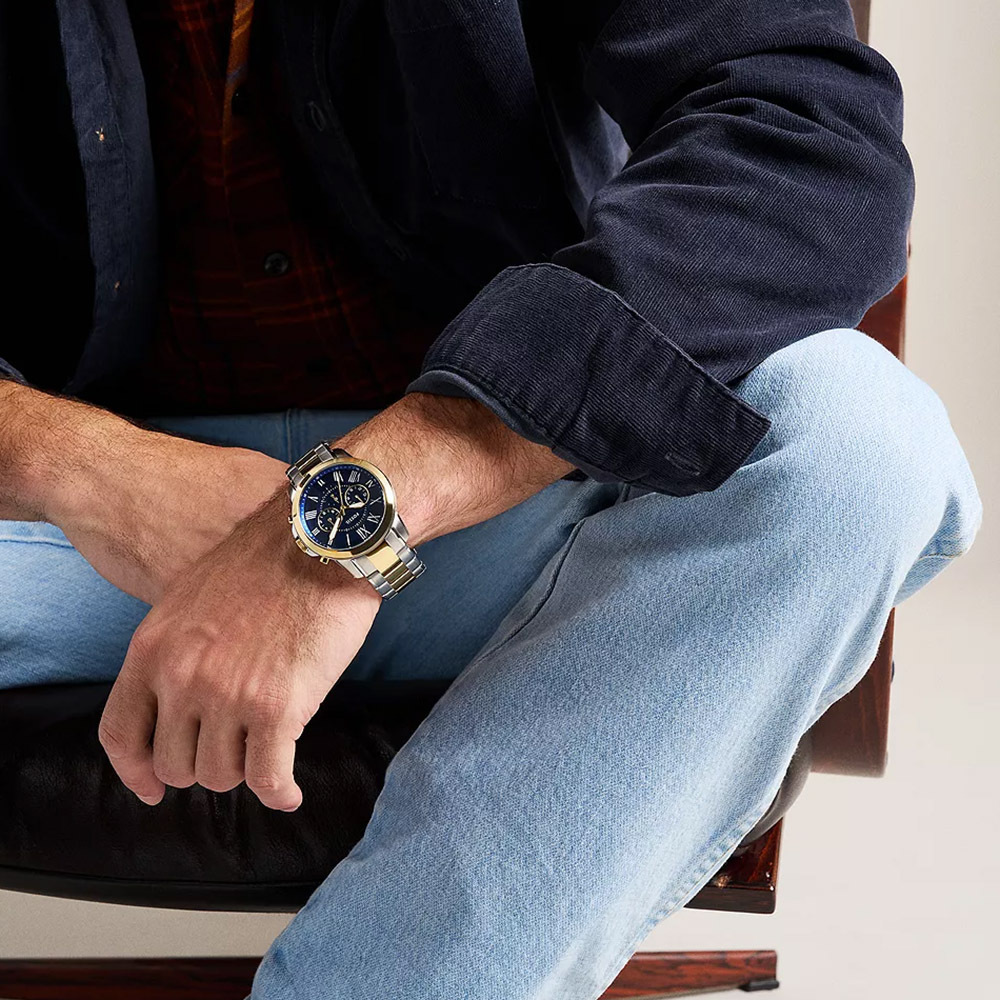 Grant 帥氣風尚暮光藍計時手錶 金色、銀色不鏽鋼 44 MM FS6132