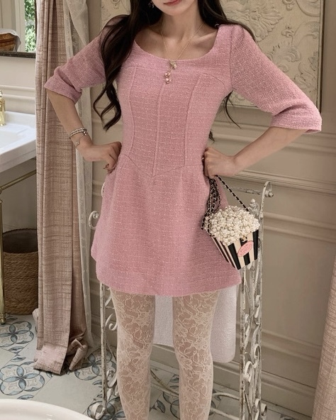 設計師家大圓領香風毛呢馬甲感洋裝