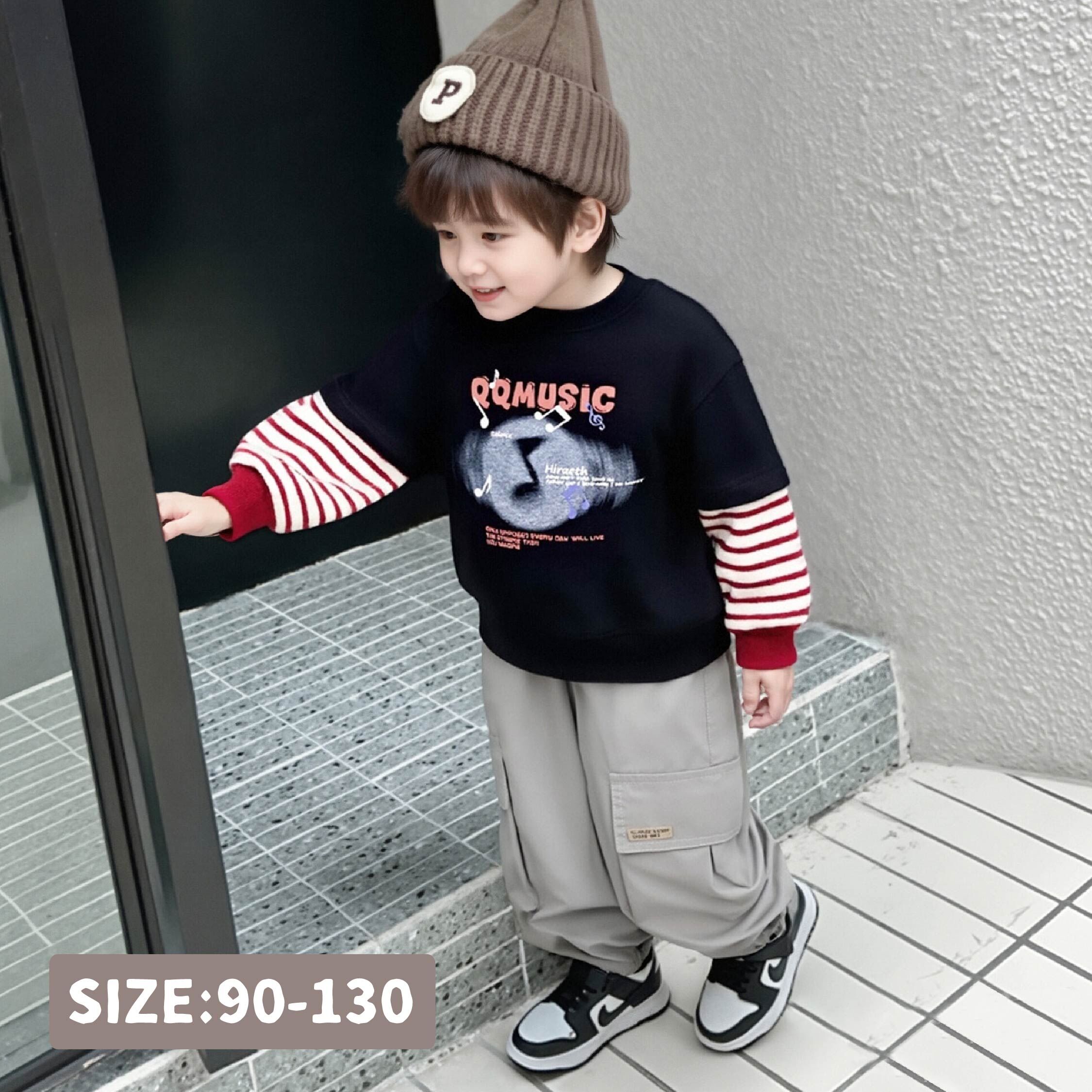 【H55390】潮流DJ音樂條紋拼接袖上衣