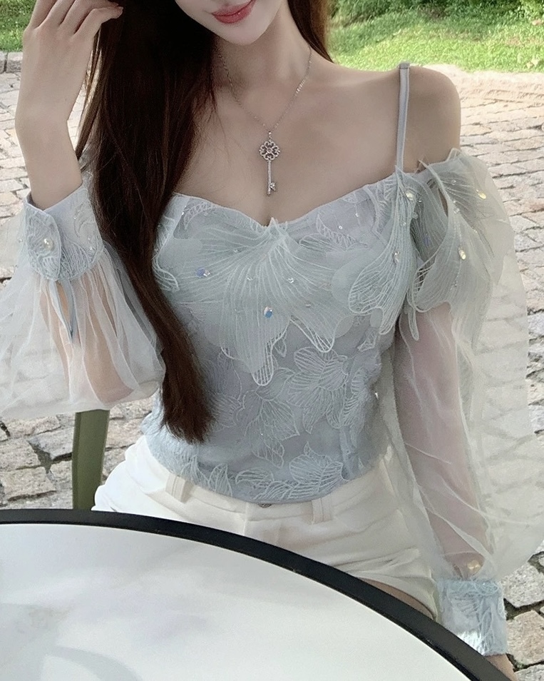 ㄧ字領肩帶可調袖網紗後鬆緊上衣