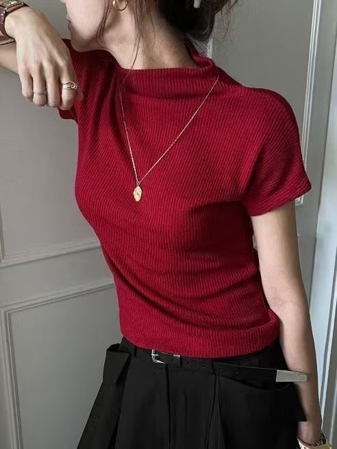 536 正韓小立領簡約坑條棉T