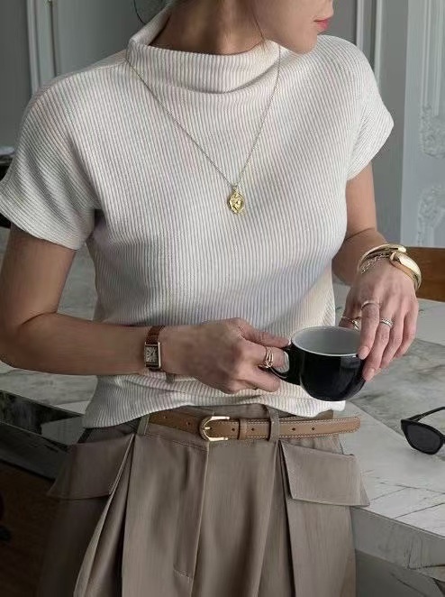 536 正韓小立領簡約坑條棉T