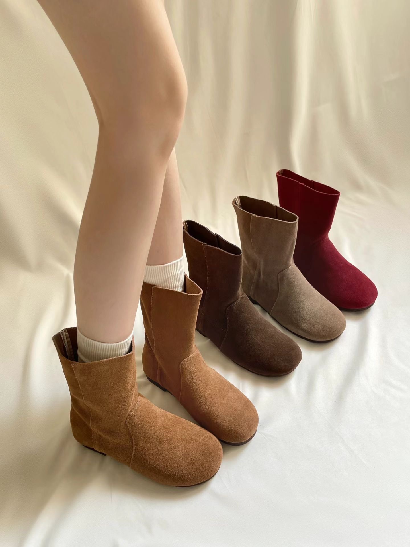 磨砂真皮圓頭兩穿短靴