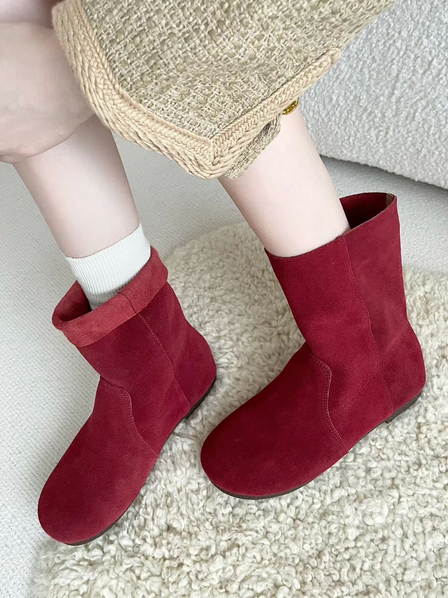 磨砂真皮圓頭兩穿短靴