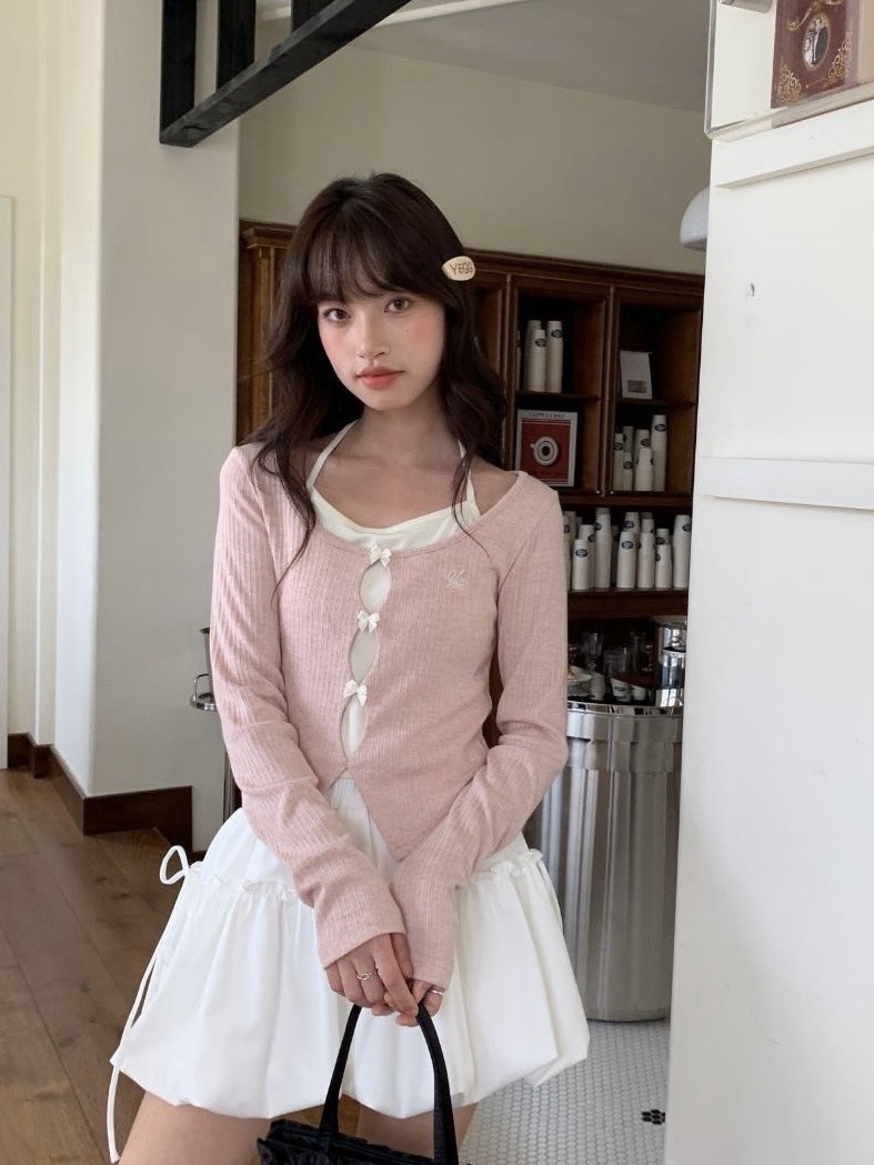 雙層蝴蝶結 假兩件長袖上衣