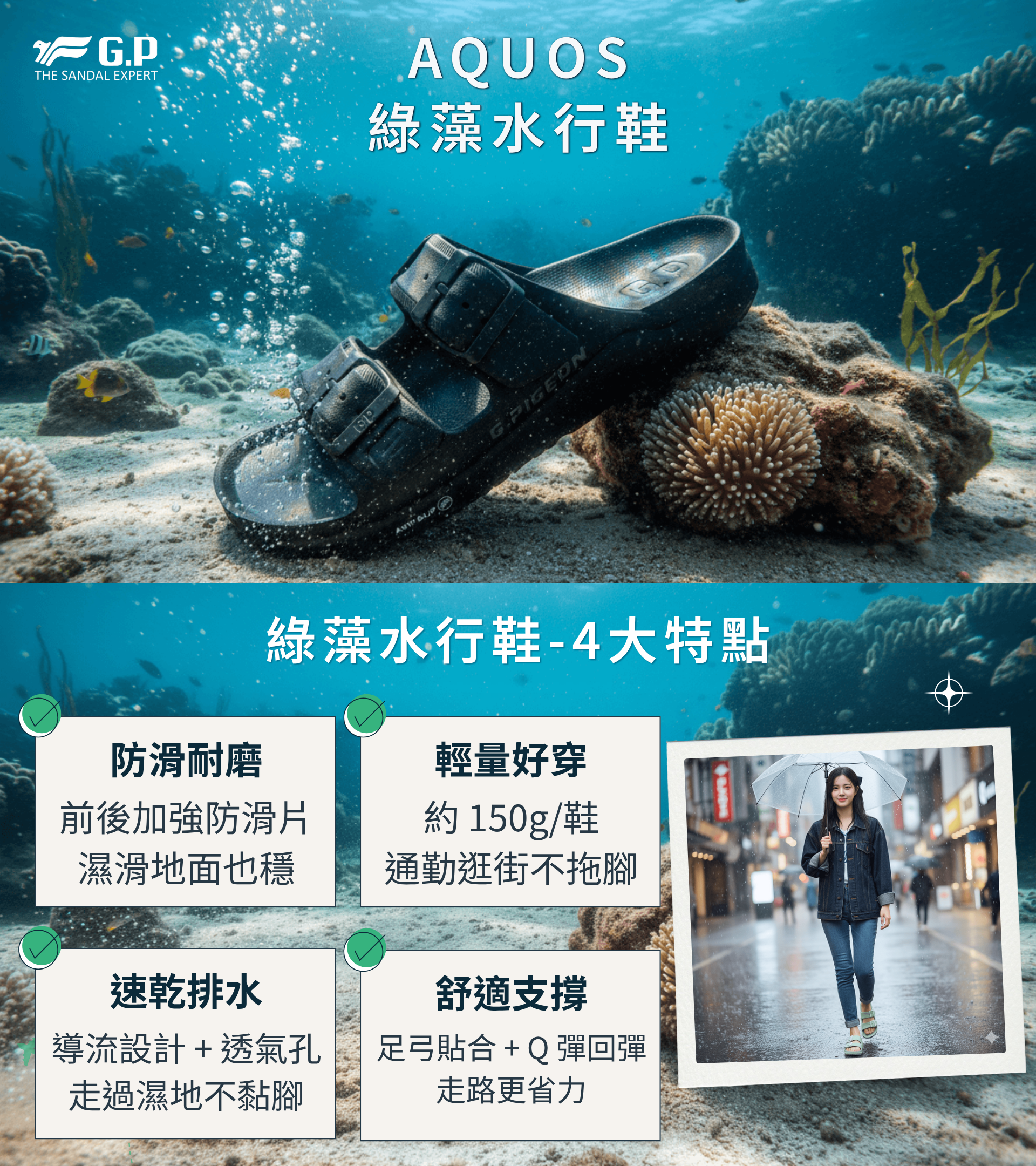 GP AQUOS綠藻水行鞋：150g輕量、前後防滑片、導流速乾、Q彈足弓支撐、永續材質，多色可選。