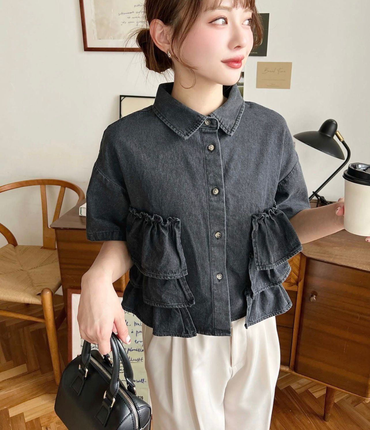 【預購】JN100902  moment+ 牛仔短袖層疊荷葉邊襯衫