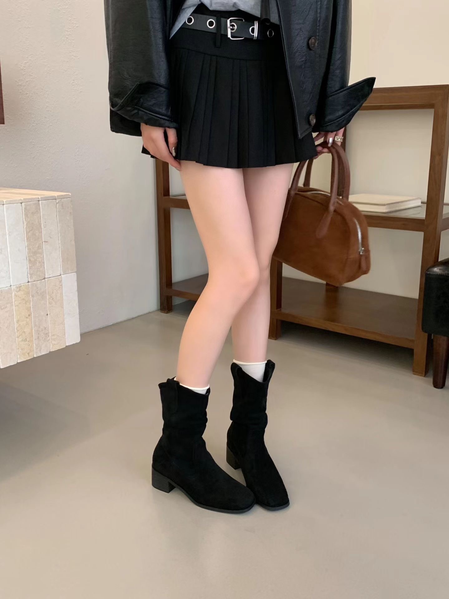 顯瘦剪裁中筒靴(卡其39)