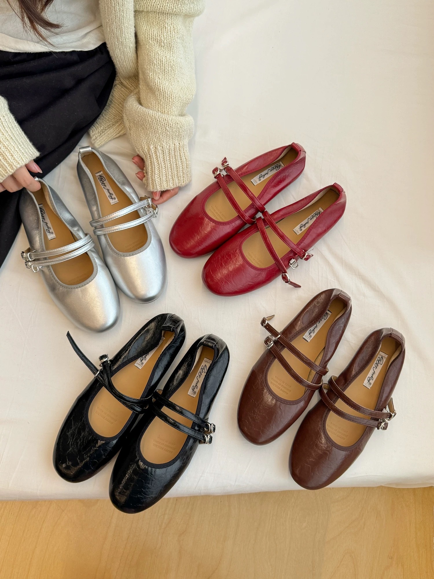 軟皮雙帶復古紋瑪莉珍單鞋(35-40)