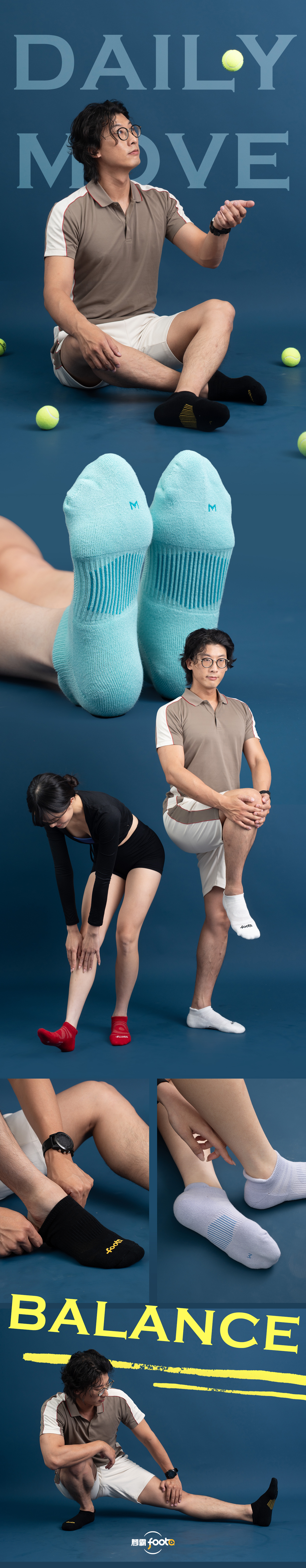 男女模特穿襪展示各拉伸姿勢。