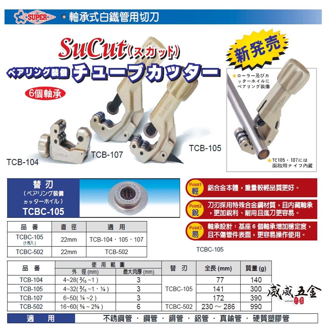 日本製 SUPER｜軸承式白鐵切管刀 白鐵管用切刀 銅管切管器 6個培林｜TCB-104｜TCB-105｜TCB-107