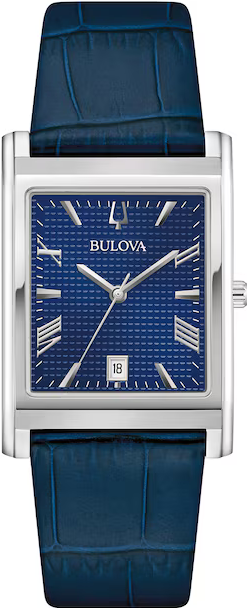 萬年鐘錶 - BULOVA 寶路華 藍色錶盤方形經典皮革男錶 96B442 錶徑29MM