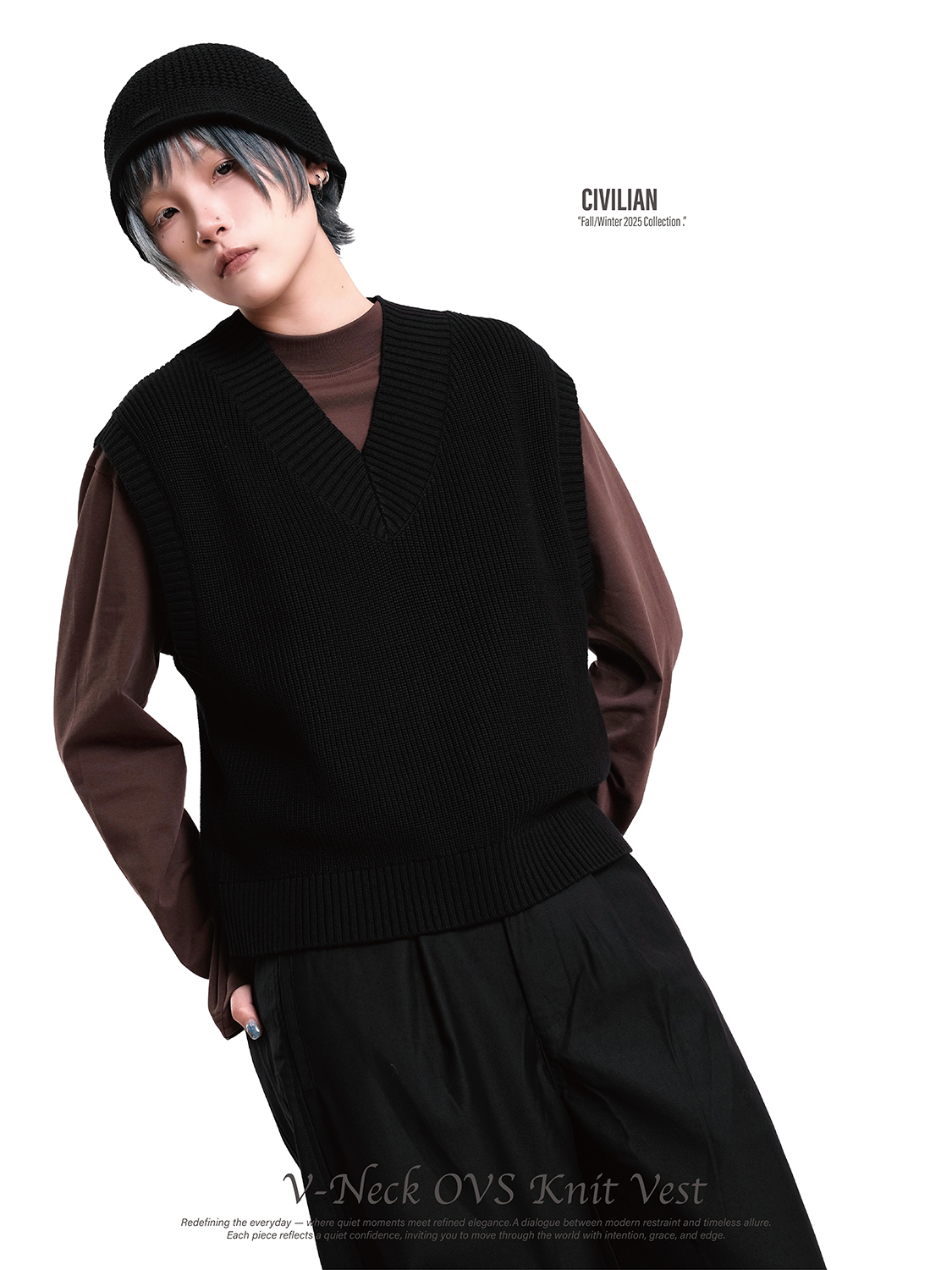 Nurari 針織背心 寬短 黑 25 A/W Civ. V-neck OVS knit vest