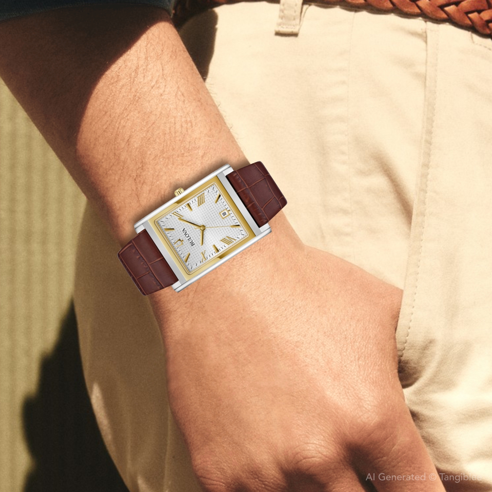 萬年鐘錶 - BULOVA 寶路華   方形經典皮革男錶 98B430 錶徑29MM