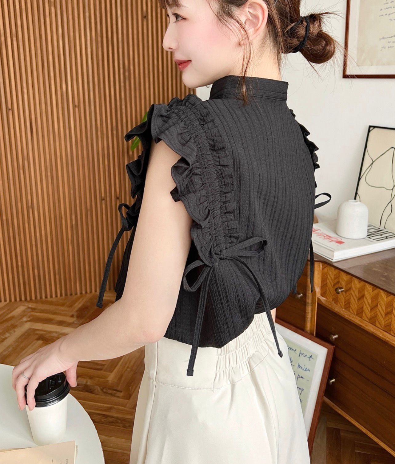 【預購】JN100904 moment+ 條紋抽繩荷葉邊襯衫