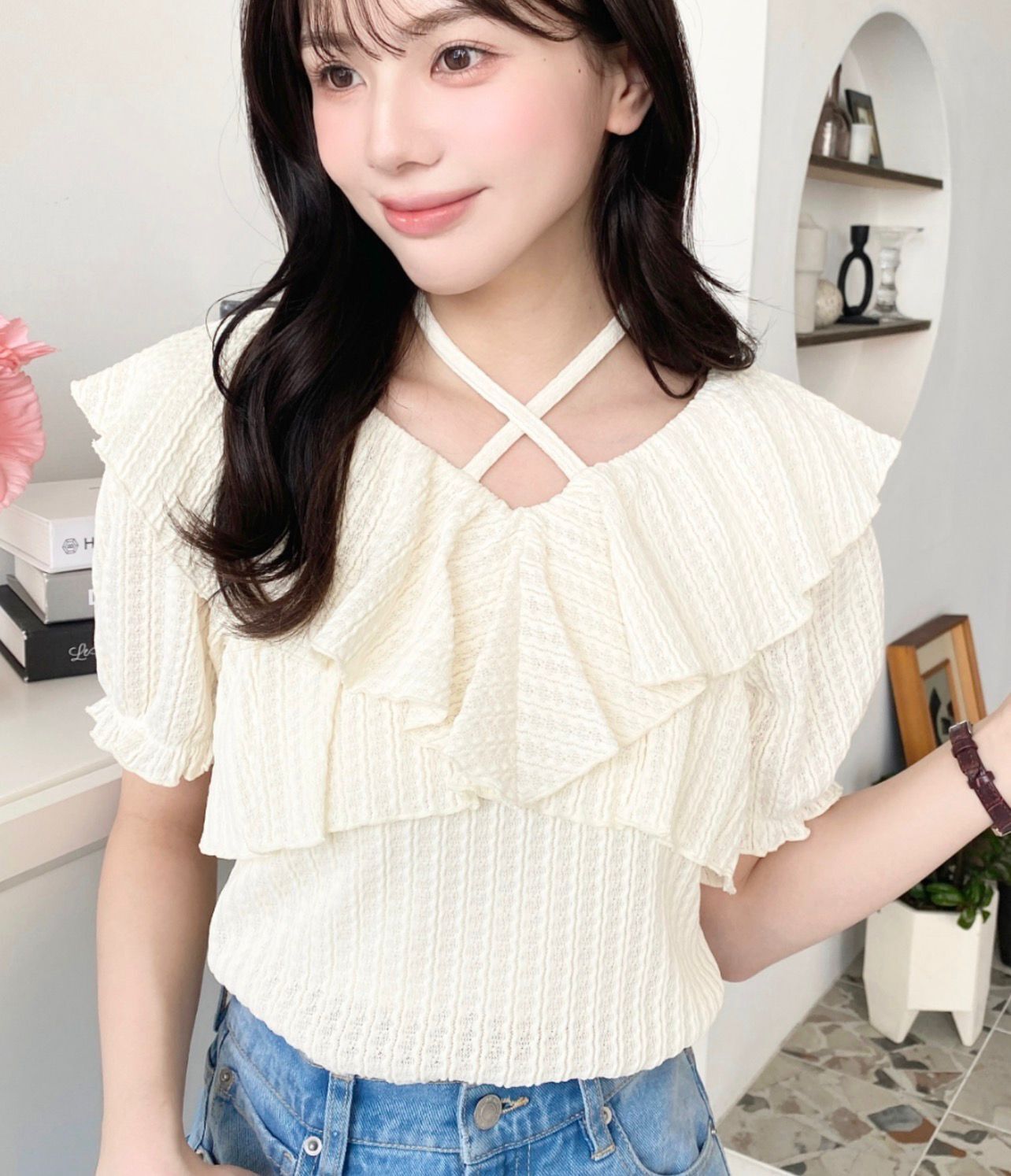 【預購】JN100910 moment+ 緞帶荷葉邊領短袖上衣