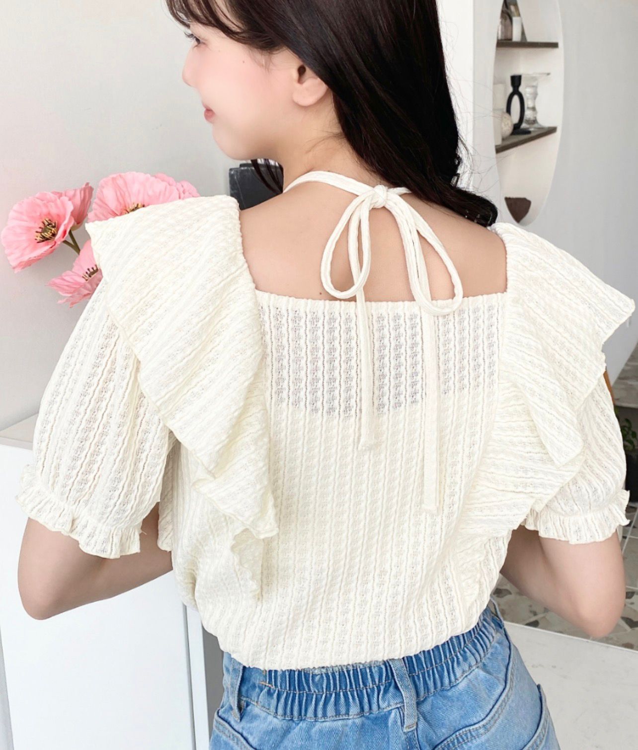 【預購】JN100910 moment+ 緞帶荷葉邊領短袖上衣