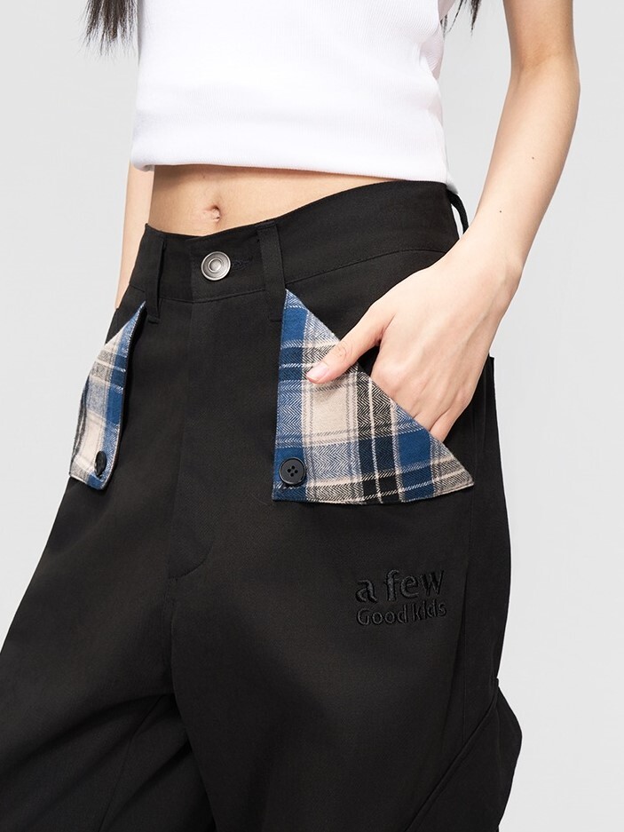 AFGK  復古翻袋 格紋拼接 大斜口袋  直筒工裝長褲  A FEW GOOD KIDS
