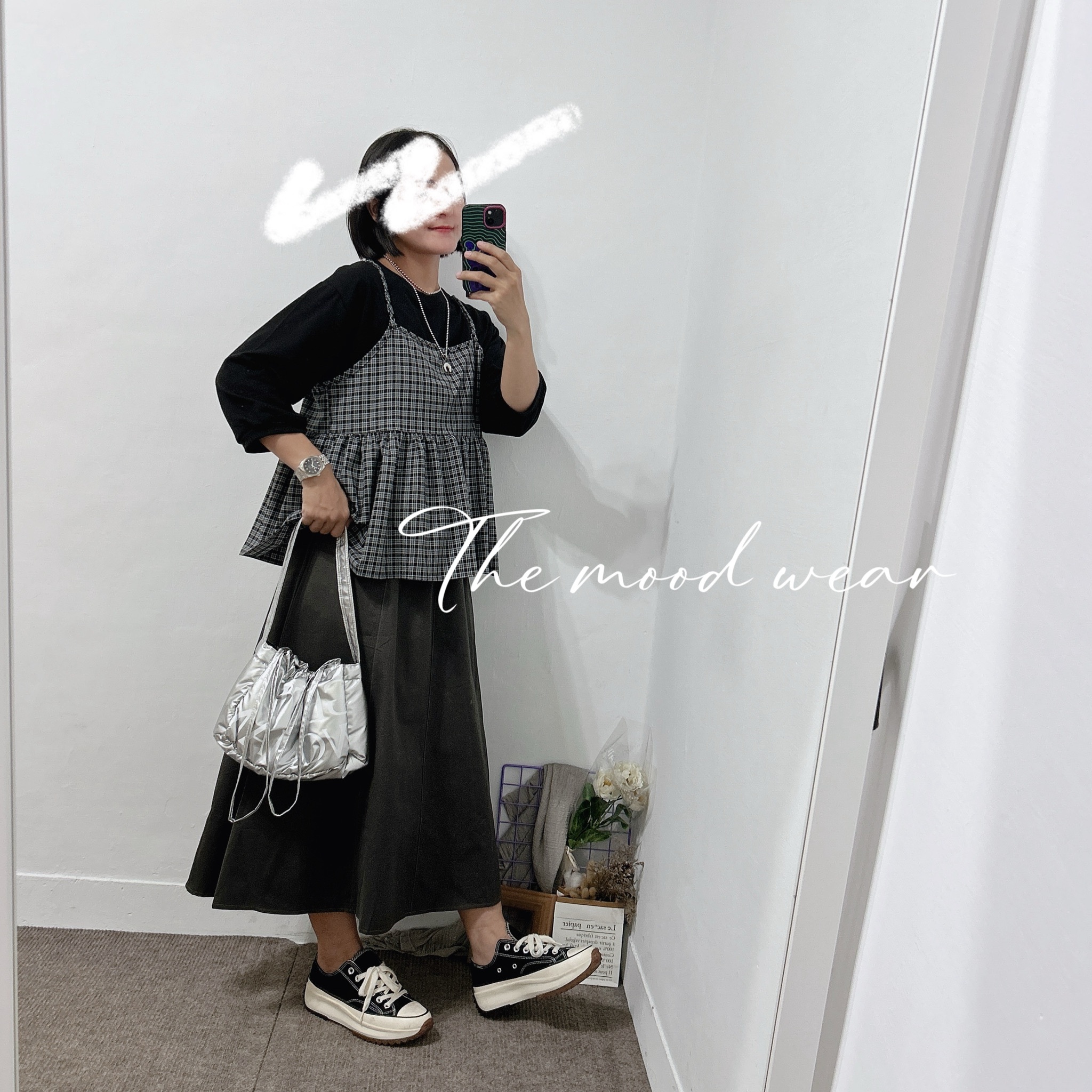 休閒寬鬆細肩帶格紋背心 綁繩背心(灰格/咖啡格 )