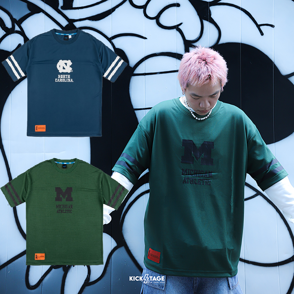 NCAA TEE 深藍 深綠 北卡羅來納 密西根 球衣 寬鬆 網眼布 落肩 五分袖 上衣【7325110】