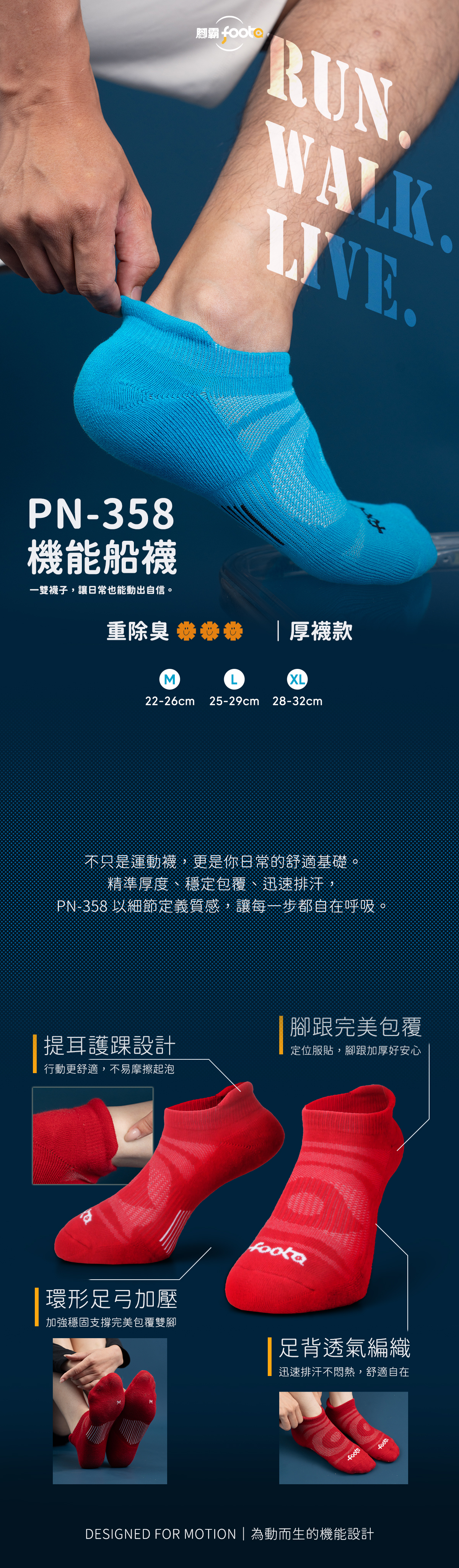 Footor PN-358 機能船襪，厚襪款設計，強調穩定包覆與除臭透氣功能，適合日常與運動穿著。