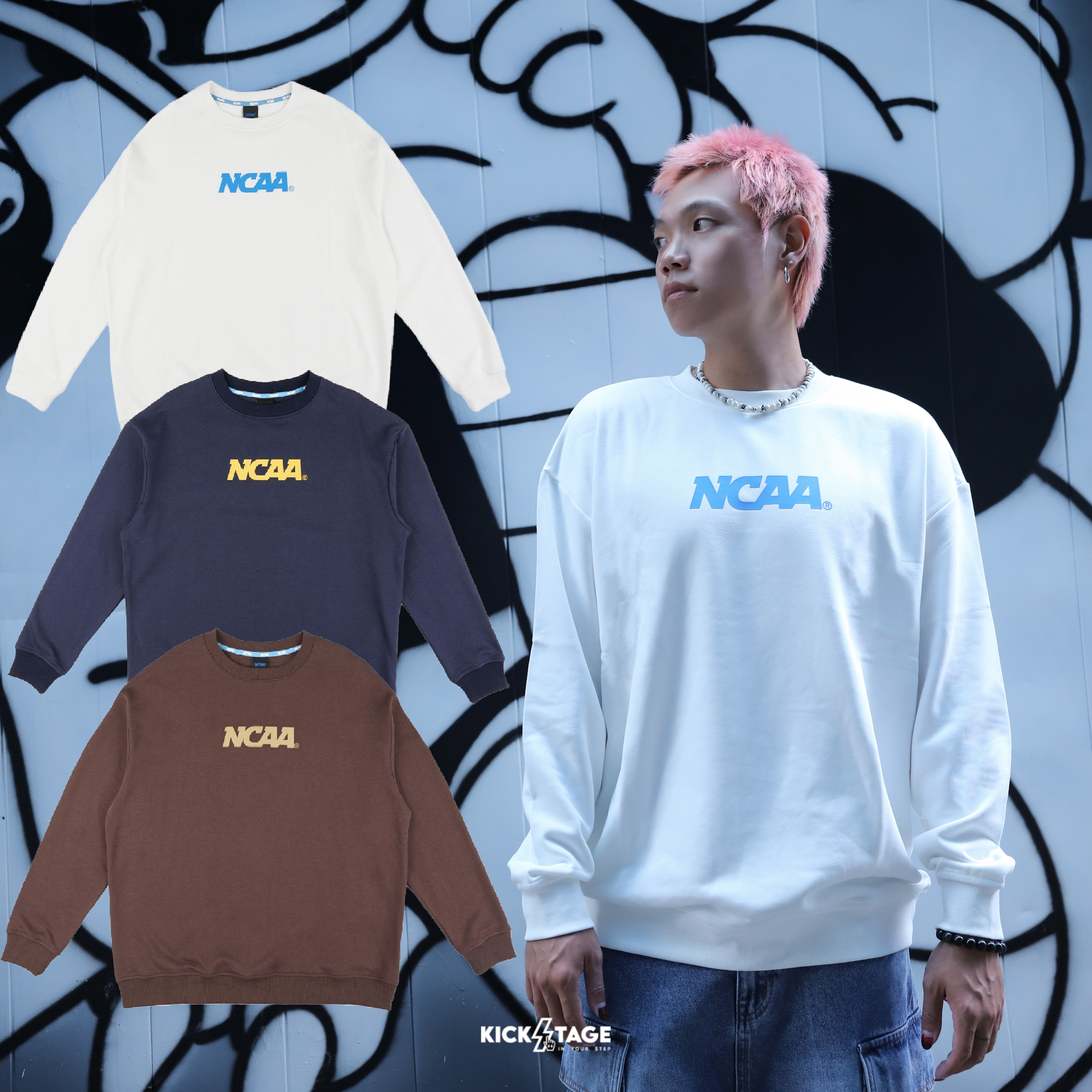 NCAA TEE 白色 咖啡 深藍 圓領 休閒 基本 LOGO 印花 長袖 長T 大學T【73551001】