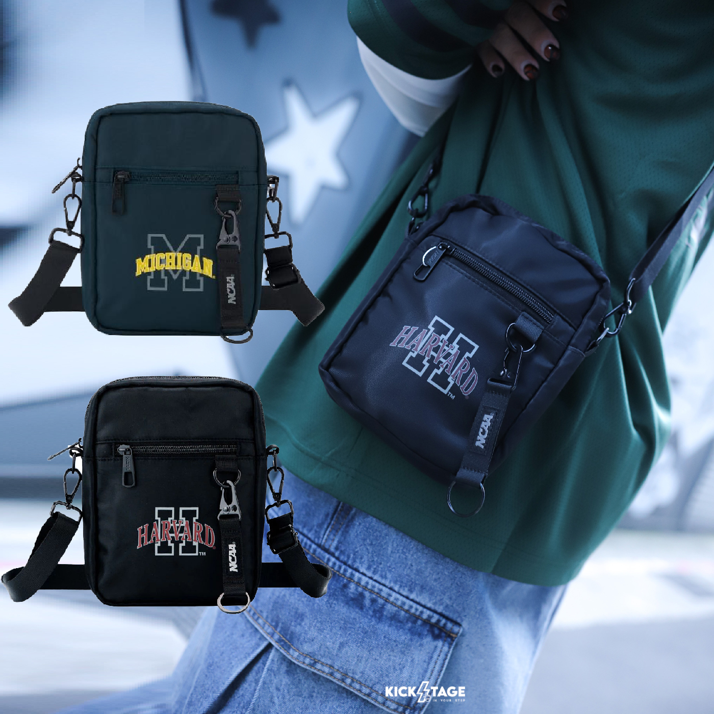NCAA BAG 黑色 綠色 哈佛 密西根 扣環 可調節背帶 隨身 小包 側背包 斜背包【7325170】