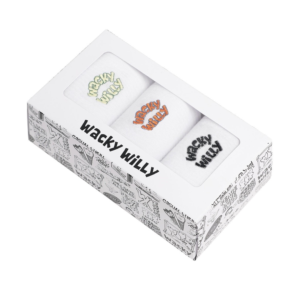 韓國 Wacky Willy 小飛人 字母刺繡 中筒襪(3入組)