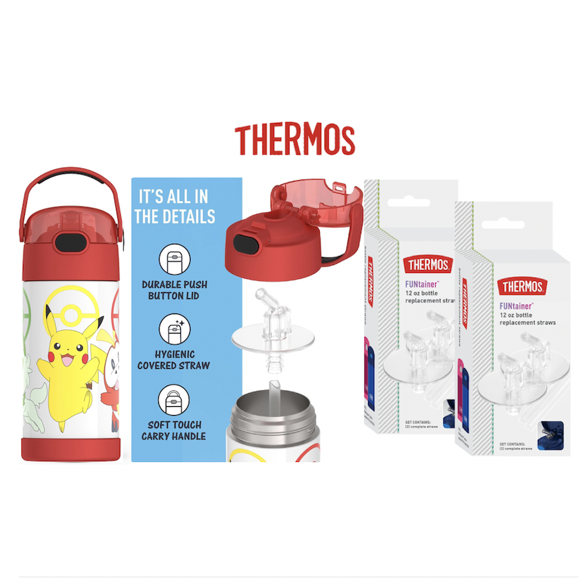 美國 Thermos 不鏽鋼真空兒童保溫吸管瓶水壺 - Pokemon  + 吸管替換配件 (4 件裝)