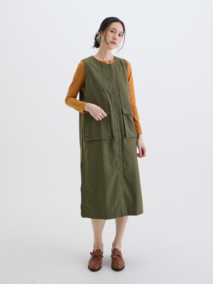 開襟情書長罩衫洋裝-軍綠