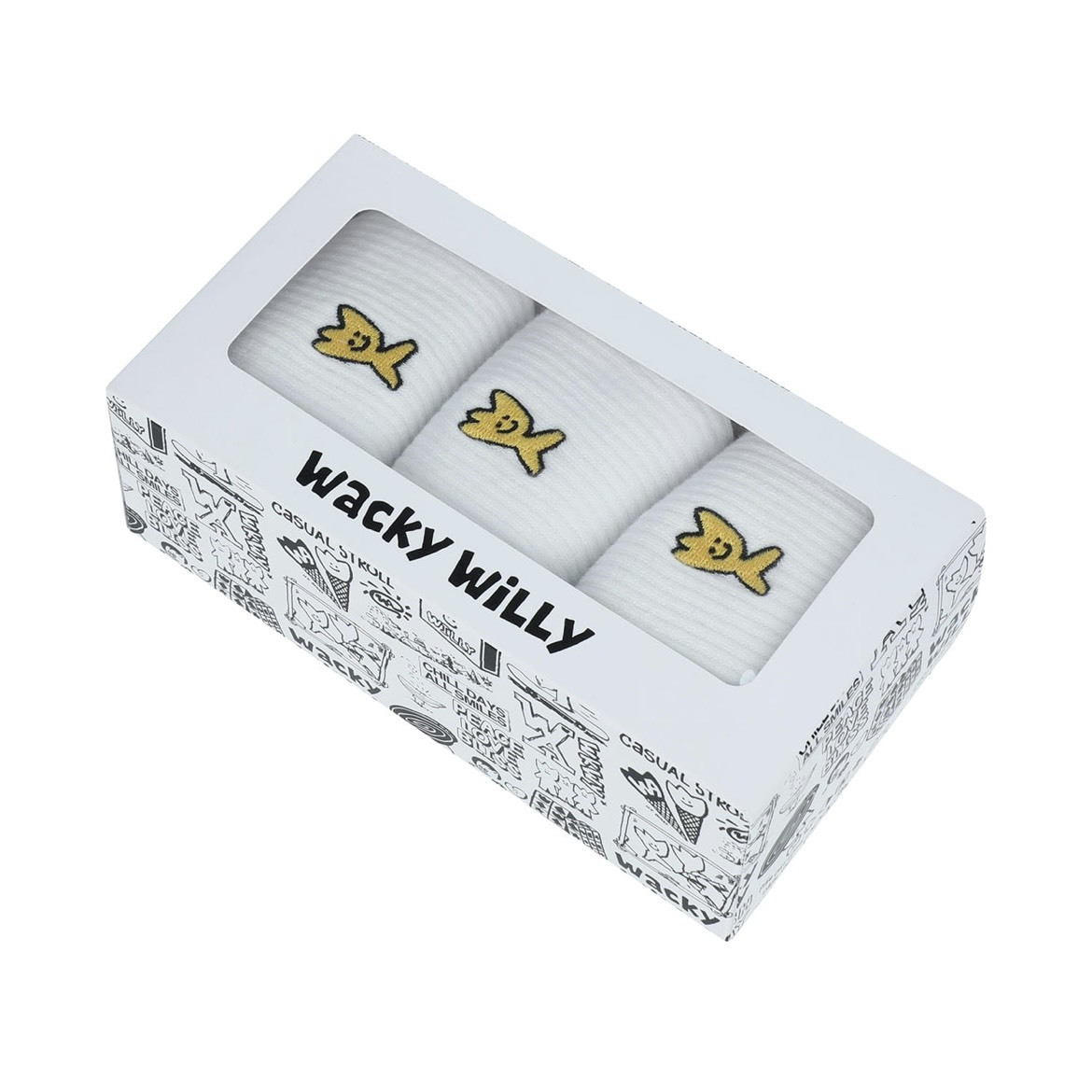 韓國 Wacky Willy 小飛人 刺繡 中筒襪(3入組)