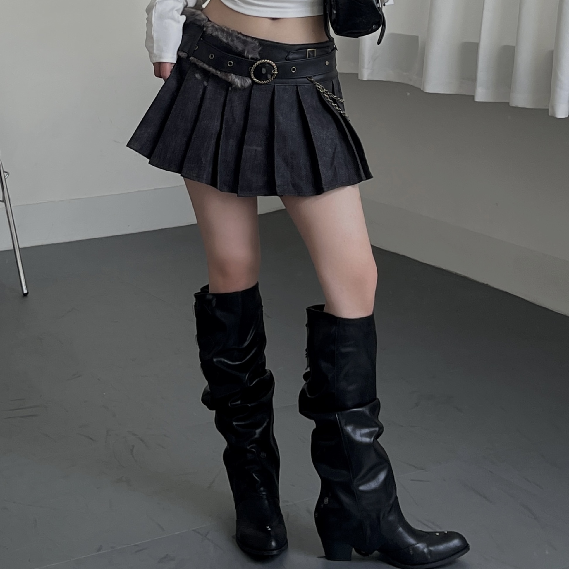 美式辣妹風拼接毛毛百褶裙