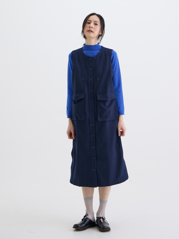 開襟情書長罩衫洋裝-藏青