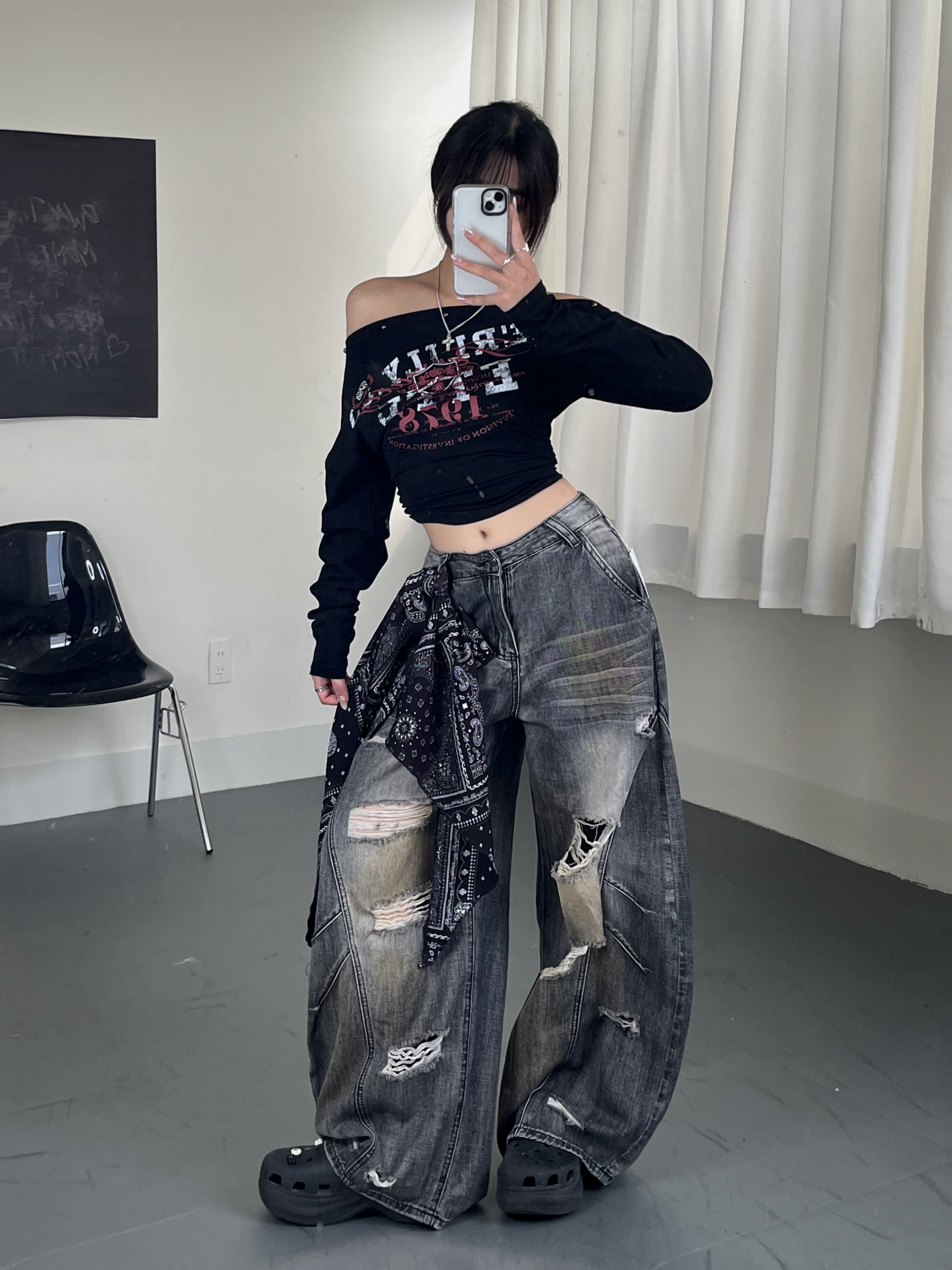 1978復古印花領鉚釘斜領長T