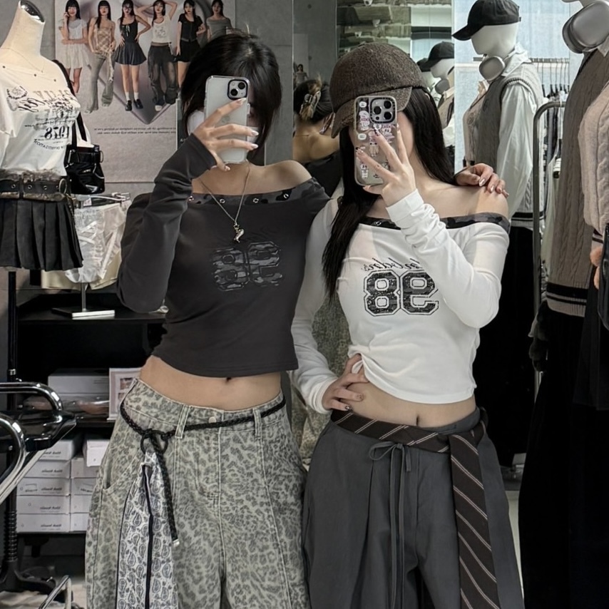 迷彩數字斜領長T