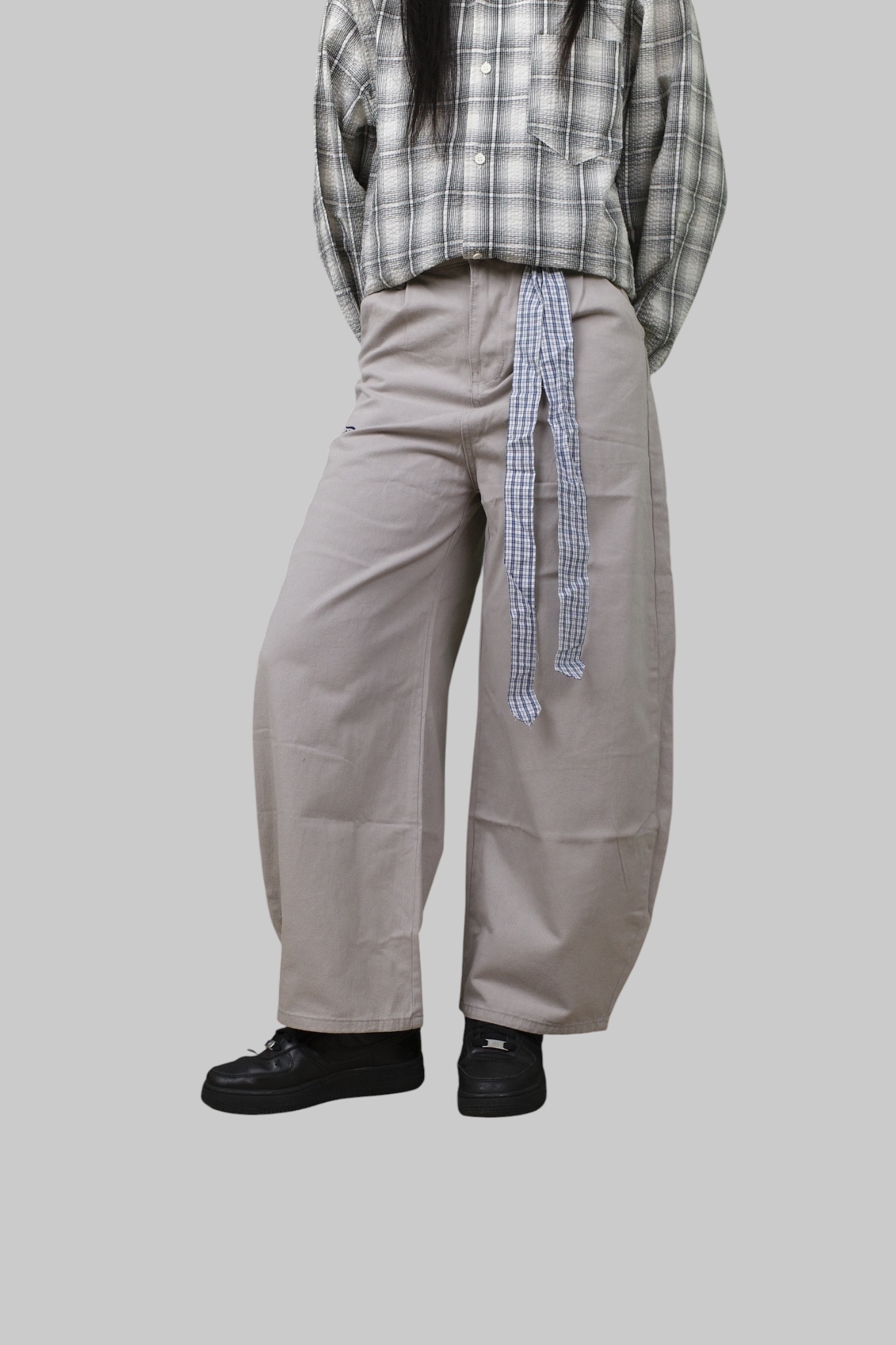 『Always_Good』格紋綁帶 刺繡 工裝 長褲