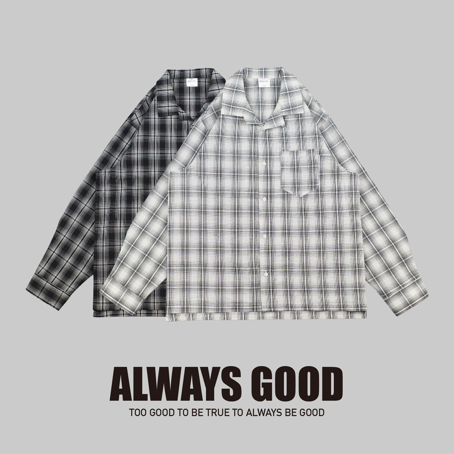『Always_Good』日系 泡泡紗 古巴領 格紋 長袖襯衫