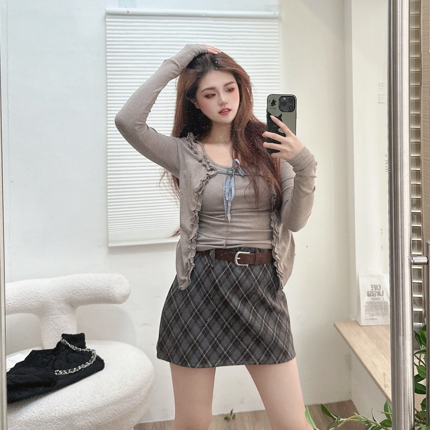 小花邊綁結假兩件上衣/三色