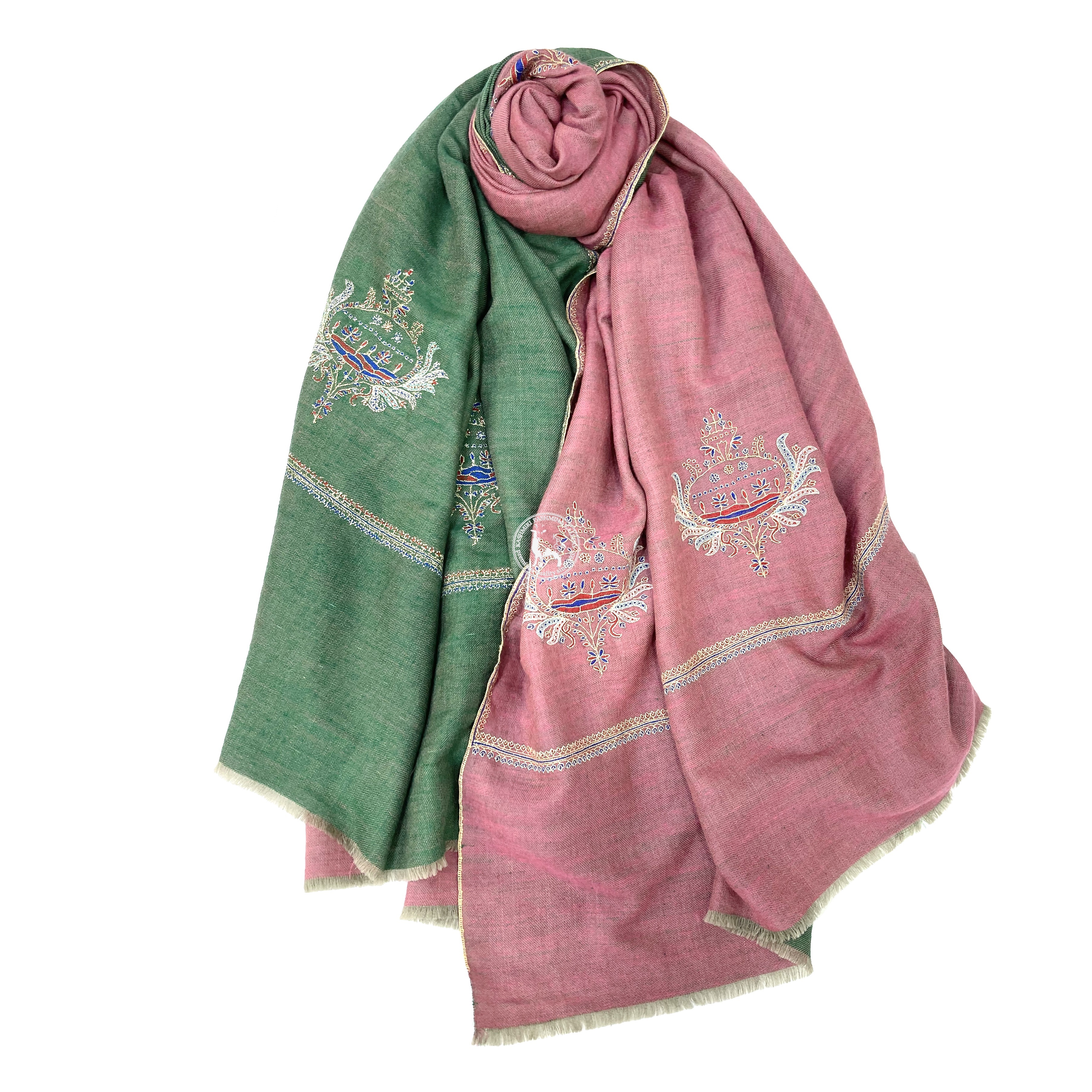 深粉紅綠色雙面刺繡喀什米爾山羊絨圍巾