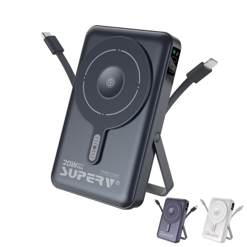 SUPERV F45 Power Bank 10000mAh 20W Built-in Type-C & Lightning Cables 4-in-1 LED Display MagSafe Wireless Charging CCC Certified